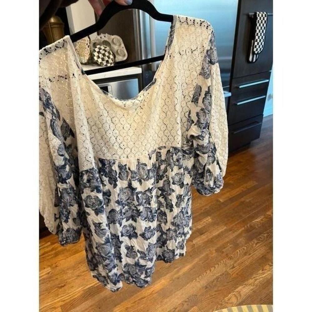 Free People Womens Blue Floral Roses Boho‎ Festival Tassel Poet Blouse M $120